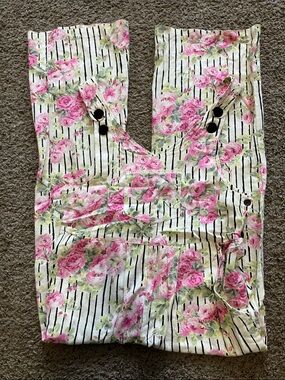 April Cornell Cream Striped overalls Pink Floral Print